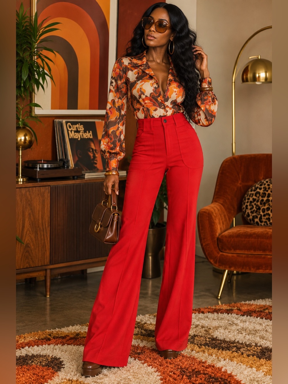Vintage 70s Zayre High-Waist Wide-Leg Red Bell Cufferes Trousers